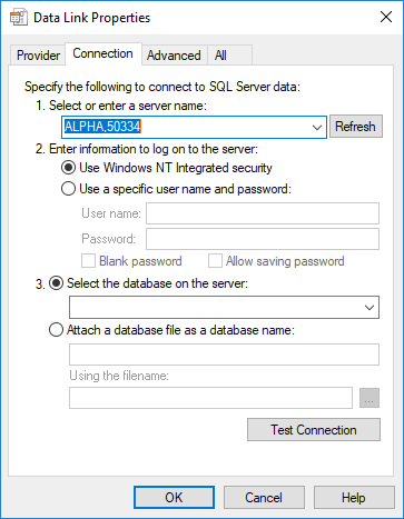 Setting connection properties to test connectivity